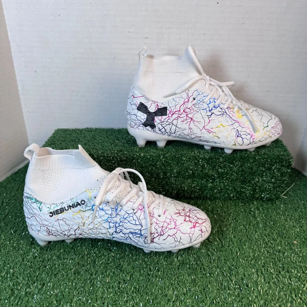 Jiebuniao Kids Soccer Cleats‎ White Rainbow Lightning High Top Athletic Shoes